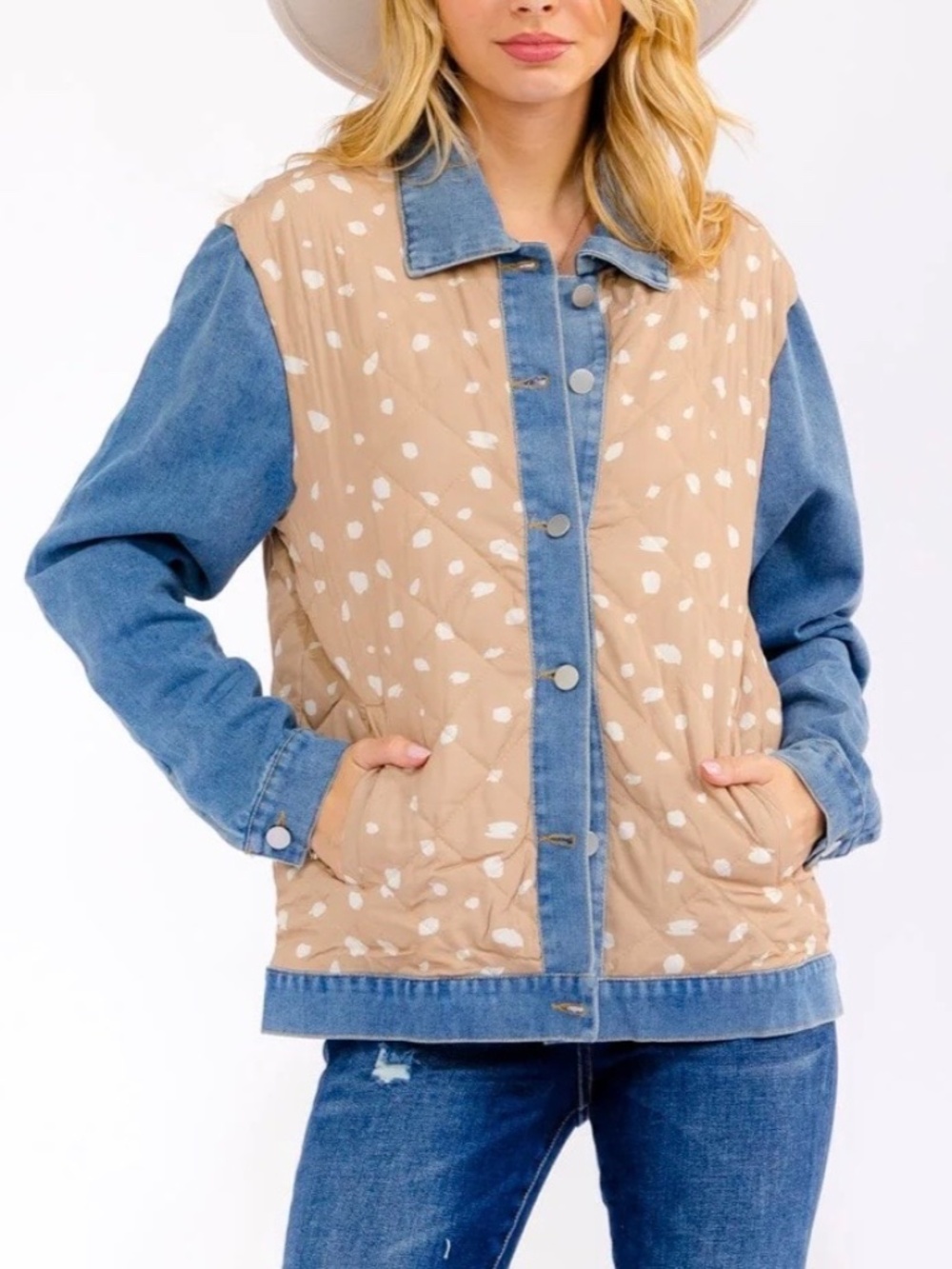 LONG SLEEVE DENIM JACKET WITH QUILT CONTRAST DETAILING SIZE SMALL - NWOT - Picture 3 of 16